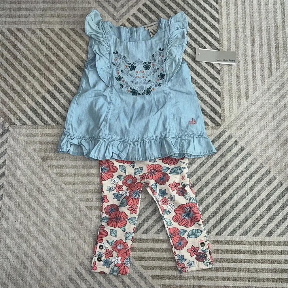 CALVIN KLEIN | Blue & Coral | CHAMBRAY TUNIC WITH FLORAL LEGGINGS
